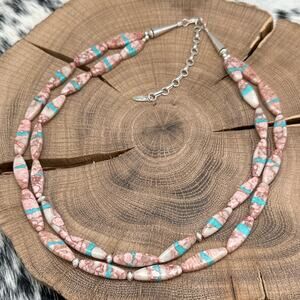 1990s RUNNING BEAR SHOP Sterling Silver & Ribbon Turquoise Two Strand Necklace